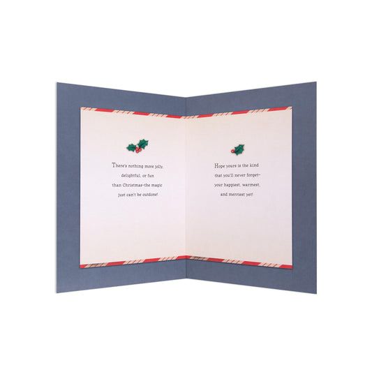 Christmas card - silver glitter Santa, inside view, featuring holly illustration and cheerful festive messages.