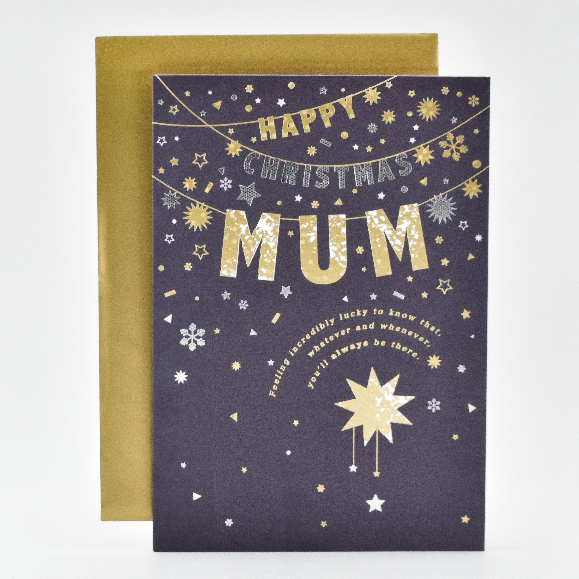 Hallmark Christmas Card For Mum - Shining Stars with gold lettering and star illustrations, featuring a festive design on a dark background.
