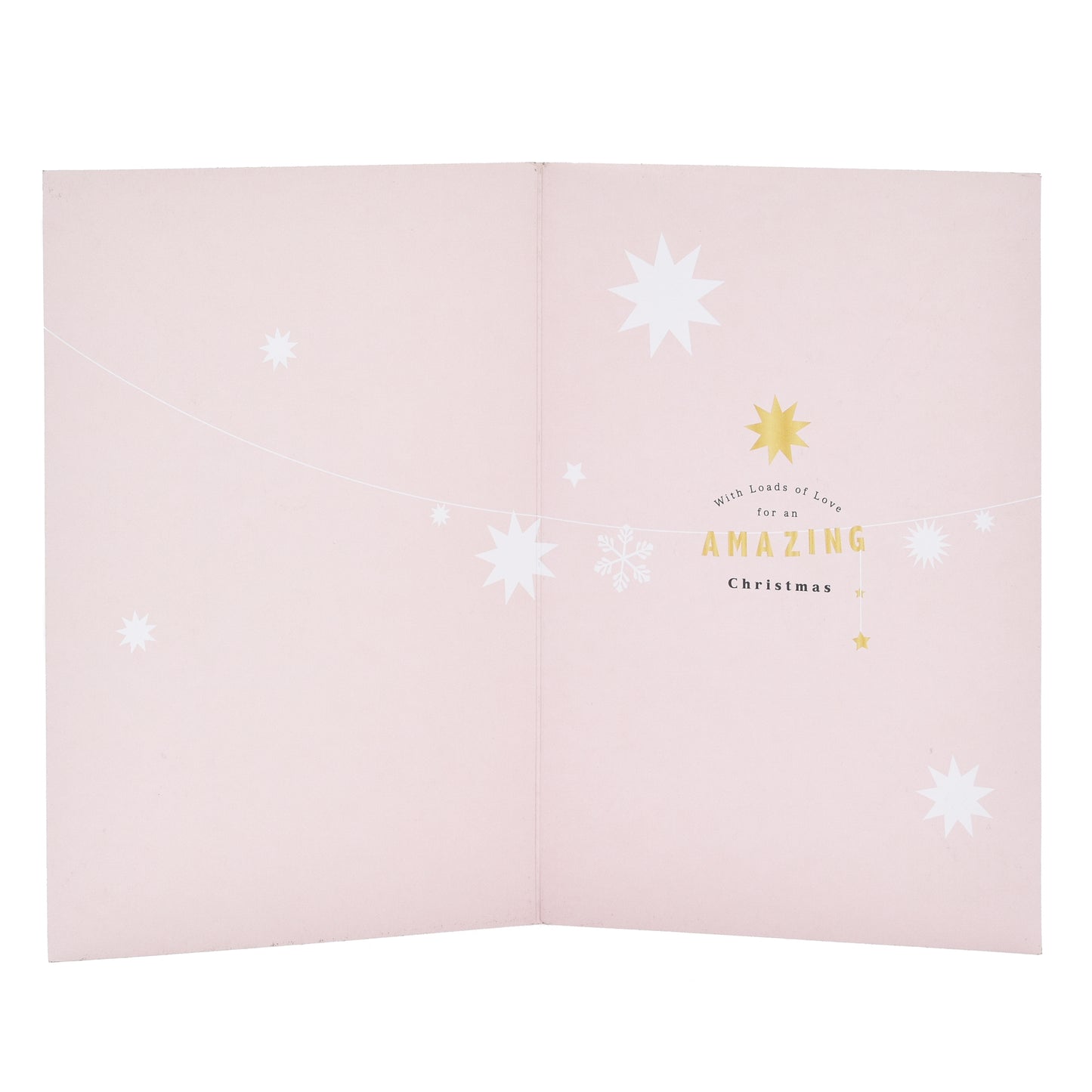 Hallmark Christmas Card For Mum - Shining Stars, inside view, featuring white stars and a gold message on soft pink paper.