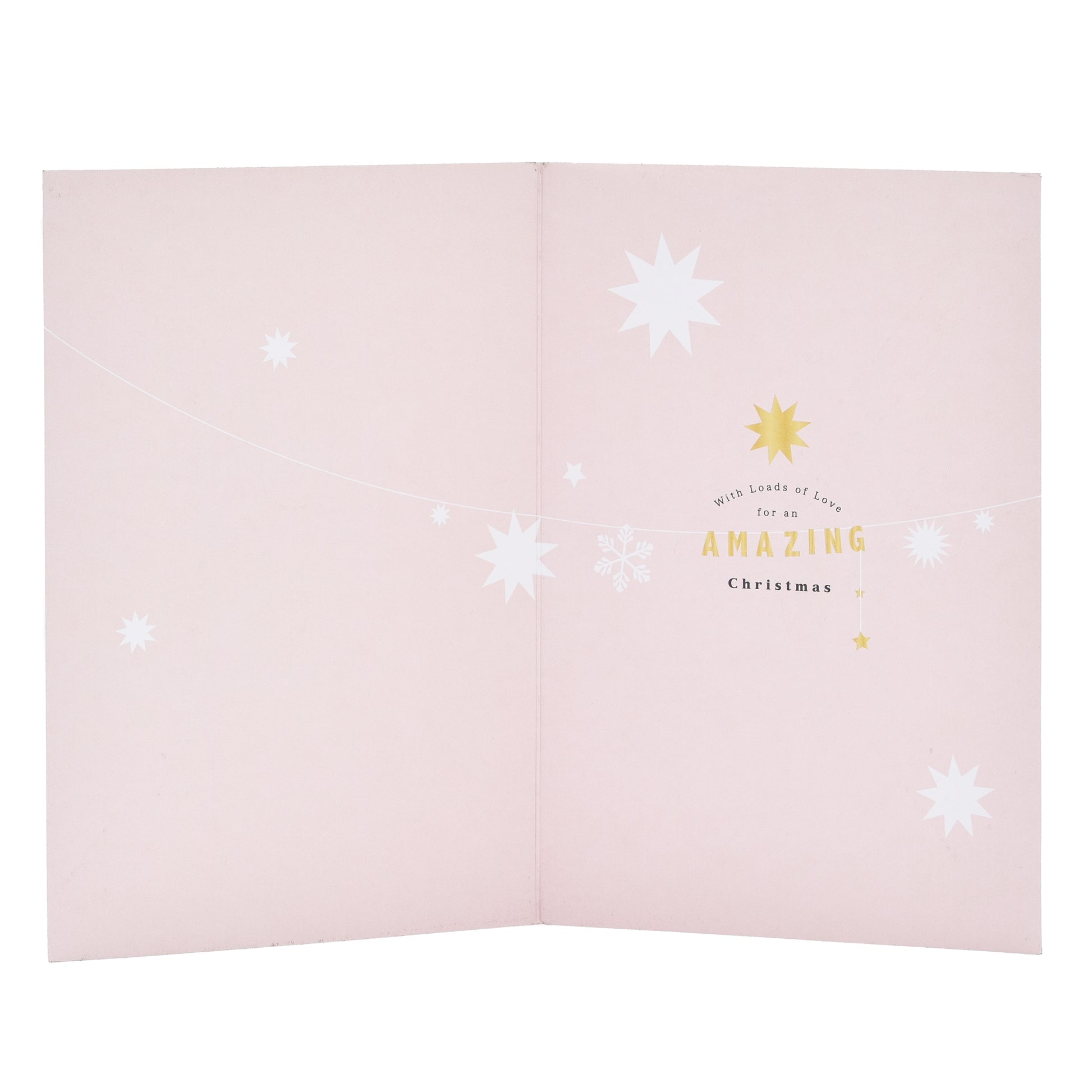 Hallmark Christmas Card For Mum - Shining Stars, inside view, featuring white stars and a gold message on soft pink paper.