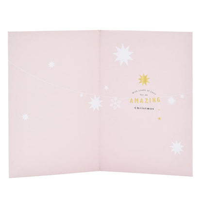 Hallmark Christmas Card For Mum - Shining Stars, inside view, featuring white stars and a gold message on soft pink paper.