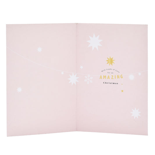 Hallmark Christmas Card For Mum - Shining Stars, inside view, featuring white stars and a gold message on soft pink paper.