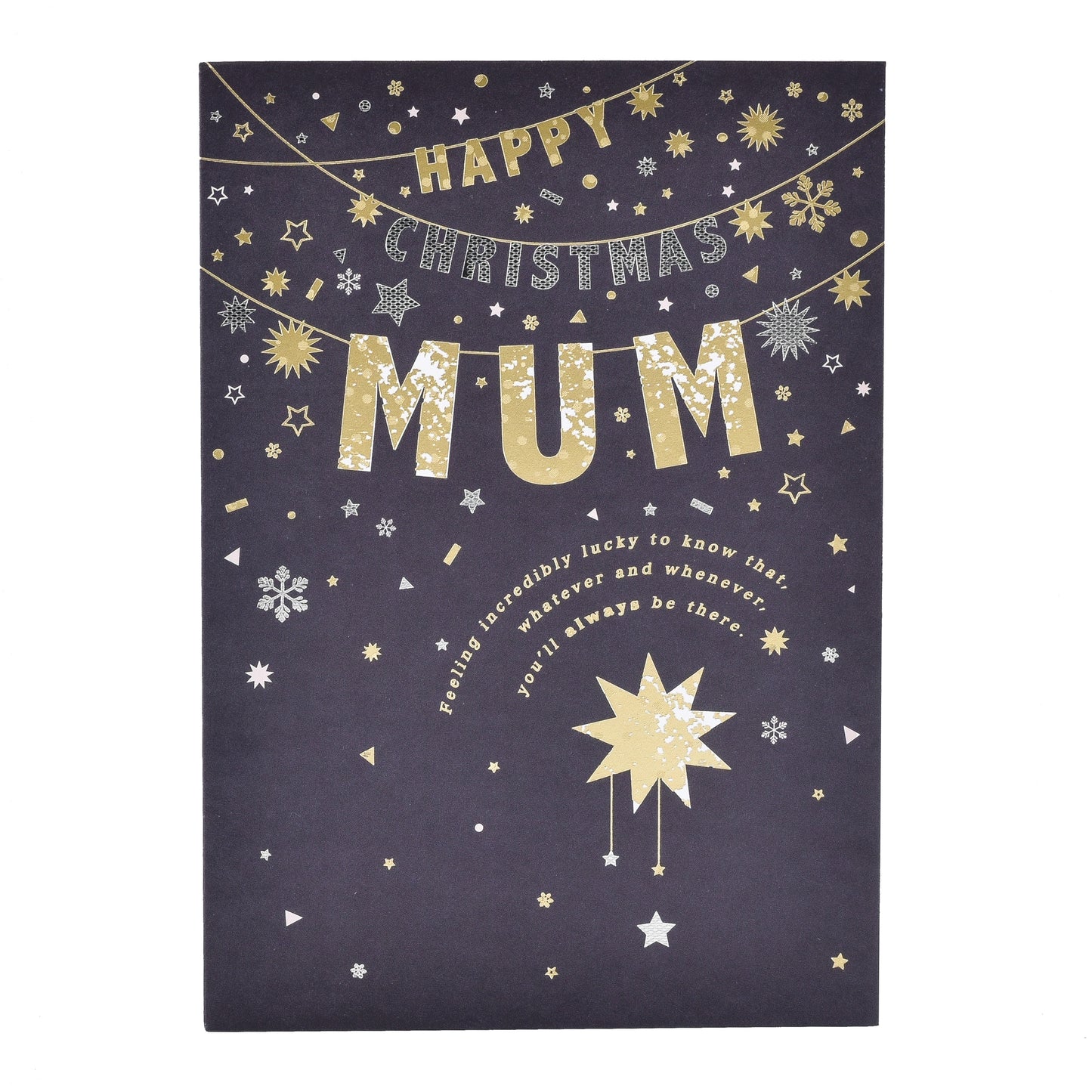 Hallmark Christmas card for Mum - Shining Stars design with gold foil lettering, featuring confetti and star illustrations.