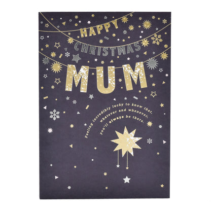 Hallmark Christmas card for Mum - Shining Stars design with gold foil lettering, featuring confetti and star illustrations.