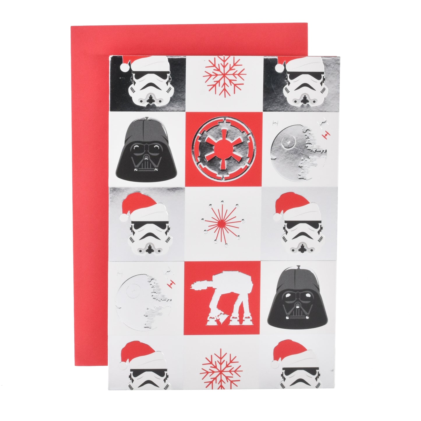Hallmark Christmas Card - Star Wars™ Festive Spirit featuring Darth Vader and Stormtroopers with metallic highlights and a red envelope.