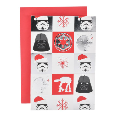 Hallmark Christmas Card - Star Wars™ Festive Spirit featuring Darth Vader and Stormtroopers with metallic highlights and a red envelope.