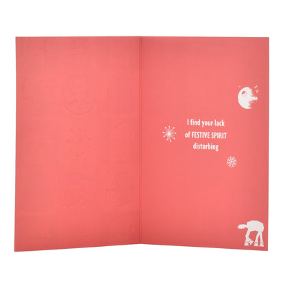 Hallmark Christmas Card - Star Wars™ Festive Spirit, inside view, features embossed design, festive red background, humorous message.