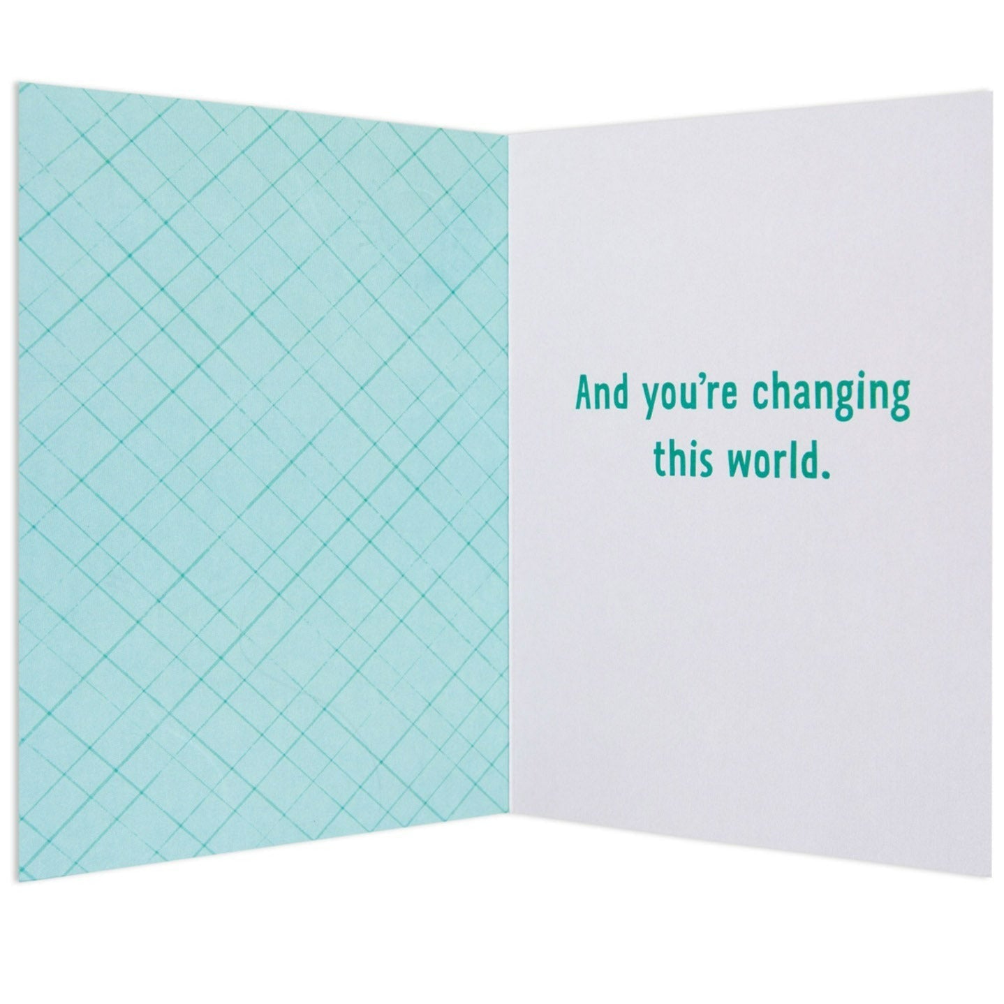 Little World Changers Encouragement and Empowerment Card for Kids - Leading The Way Mountains, interior with teal geometric design and uplifting message.