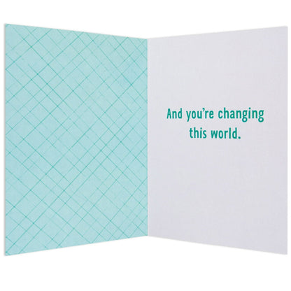 Little World Changers Encouragement and Empowerment Card for Kids - Leading The Way Mountains, interior with teal geometric design and uplifting message.