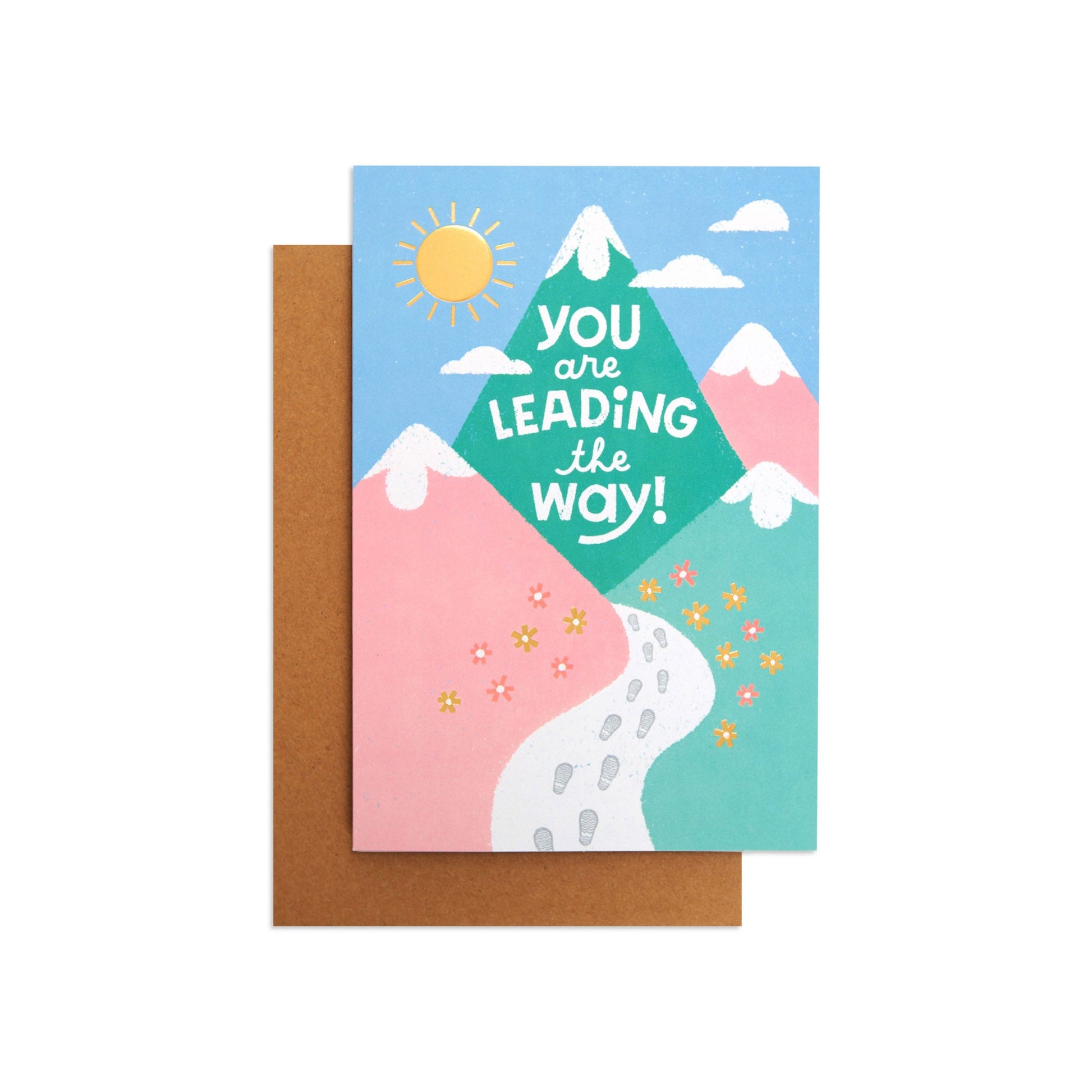 Little World Changers Encouragement and Empowerment Card for Kids - Leading The Way Mountains, flat lay with kraft envelope and colourful mountain illustration.