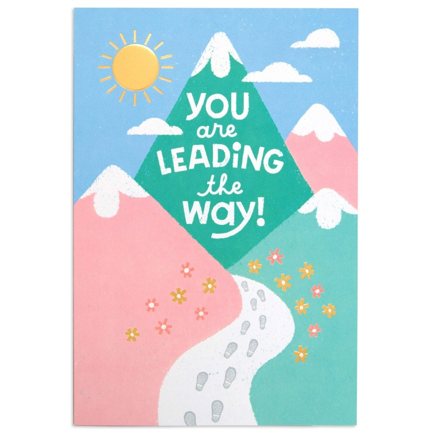 Little World Changers Encouragement and Empowerment Card for Kids - Leading The Way Mountains, colourful illustration, textured design, front view.