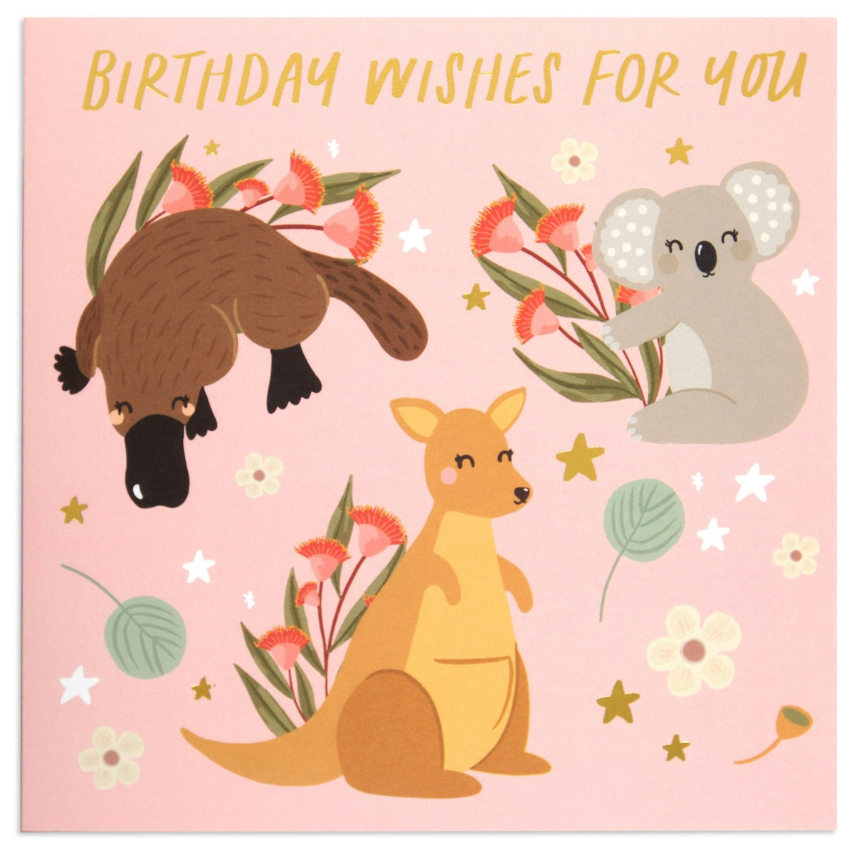 Australian Spirit Bush Buddies Birthday Card - Koala, Platypus & Kangaroo with floral elements in pastel colours and gold accents