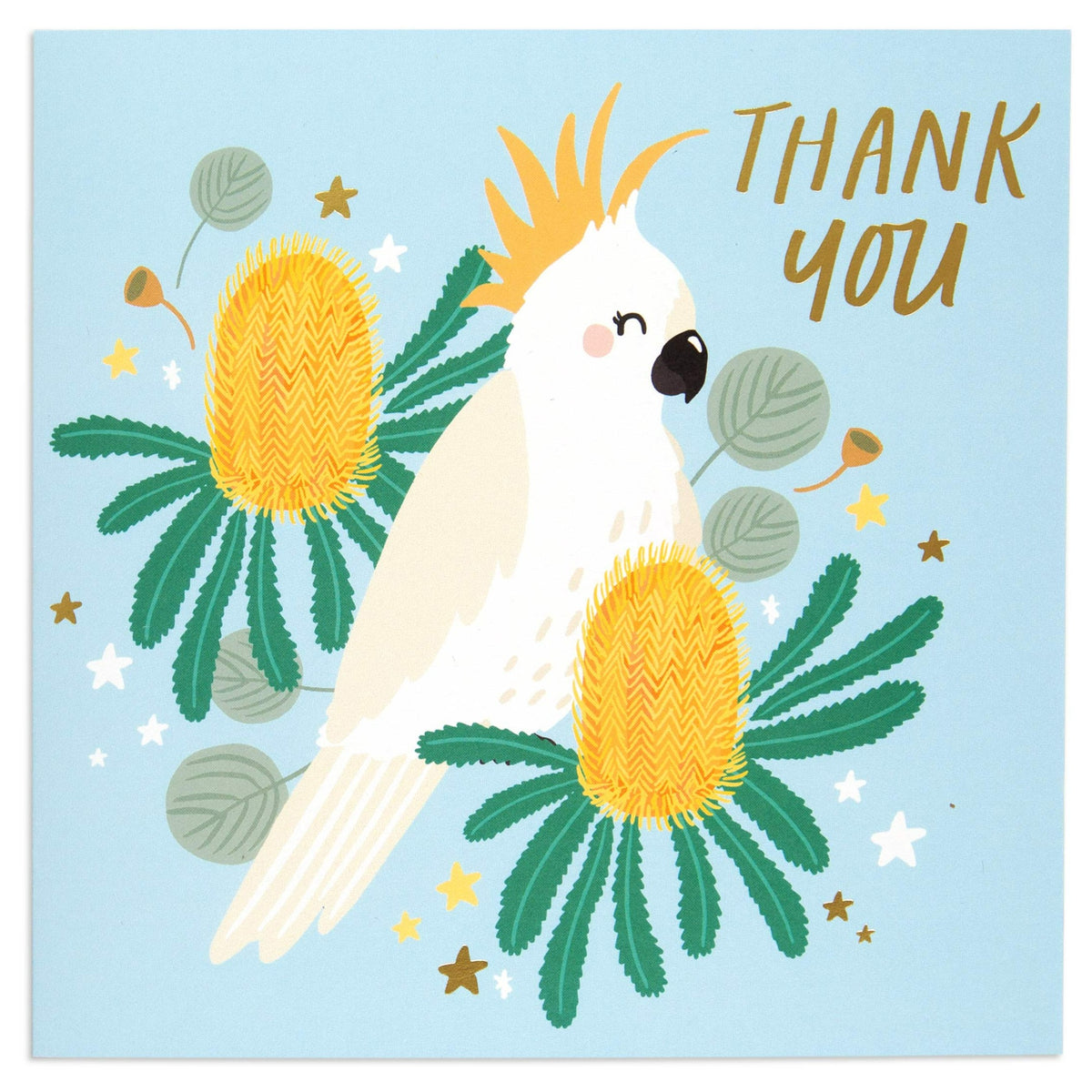 Australian Spirit Bush Buddies Thank You Card - Cockatoo featuring a cheerful cockatoo and native flora in bright colours.