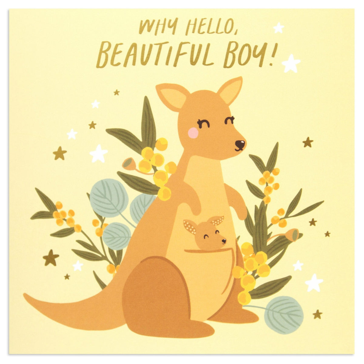 Australian Spirit Bush Buddies New Baby Boy - Kangaroos greeting card featuring a kangaroo with her baby in a pouch on a soft yellow background.