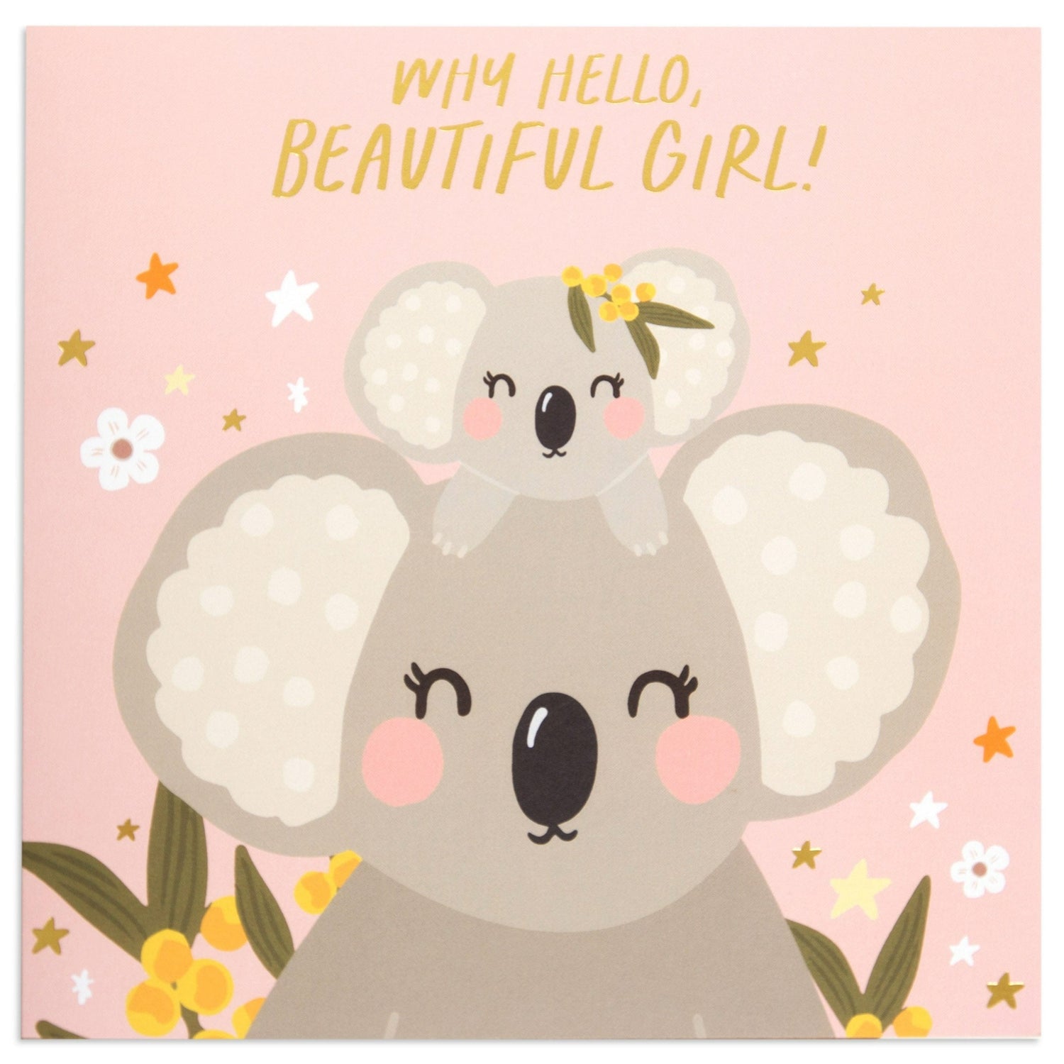Australian Spirit Bush Buddies New Baby Girl - Koalas card, featuring cute koala illustration with flowers and stars, flat lay view.