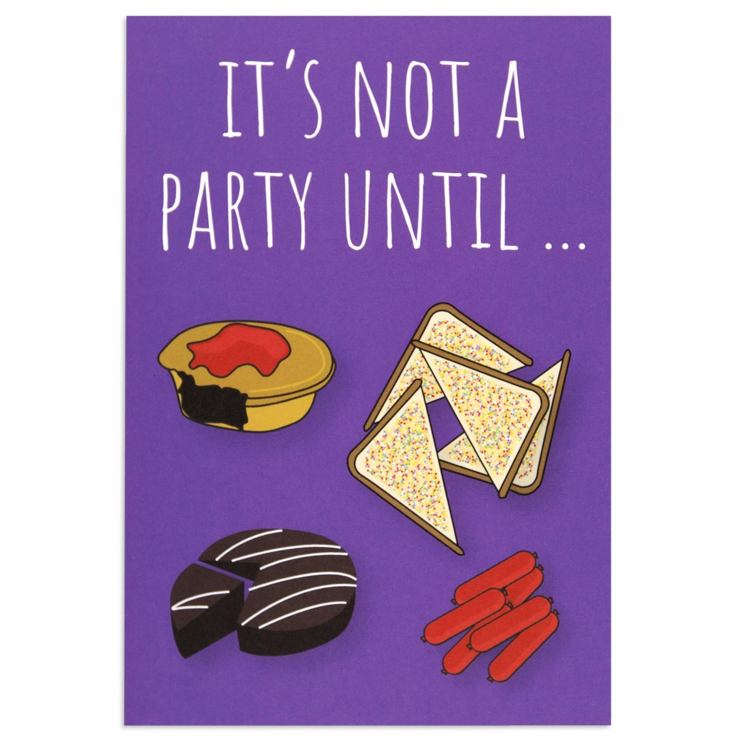 Australian Spirit Good On Ya Birthday Card - Party Food featuring illustrations of party pies, sausage rolls, and fairy bread on a purple background.