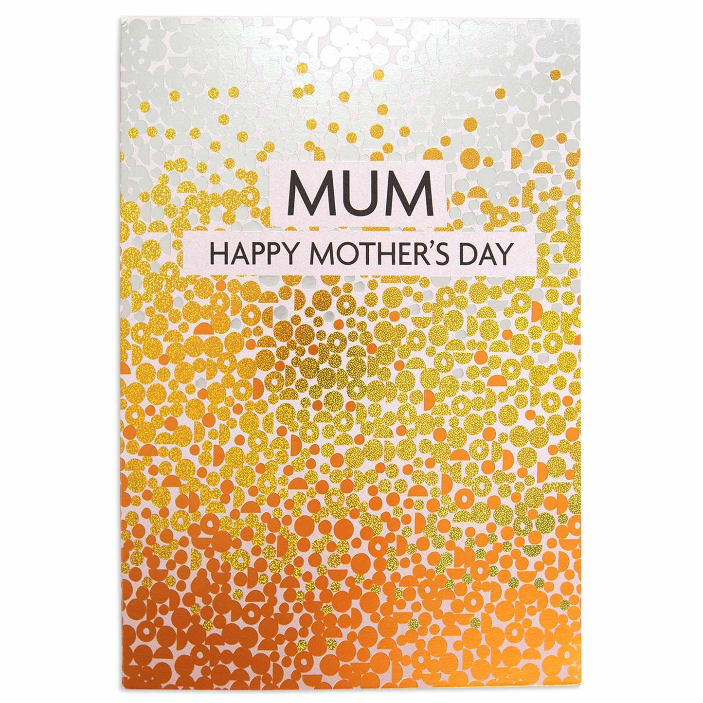 Mother's Day Card - Glittering Confetti featuring gold foil and confetti design, angled view showing vibrant colours and greeting.