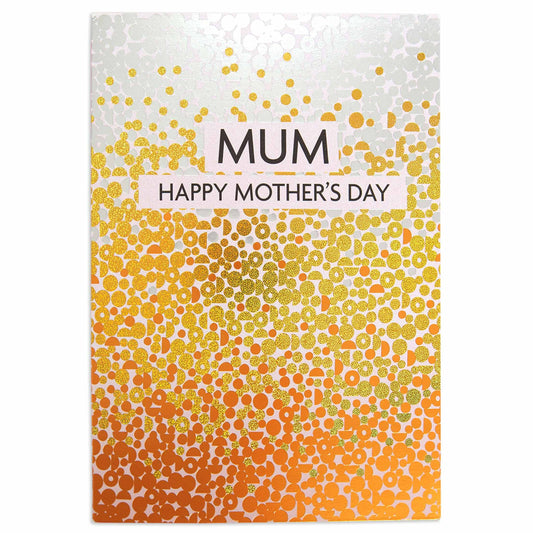 Mother's Day Card - Glittering Confetti featuring gold foil and confetti design, angled view showing vibrant colours and greeting.