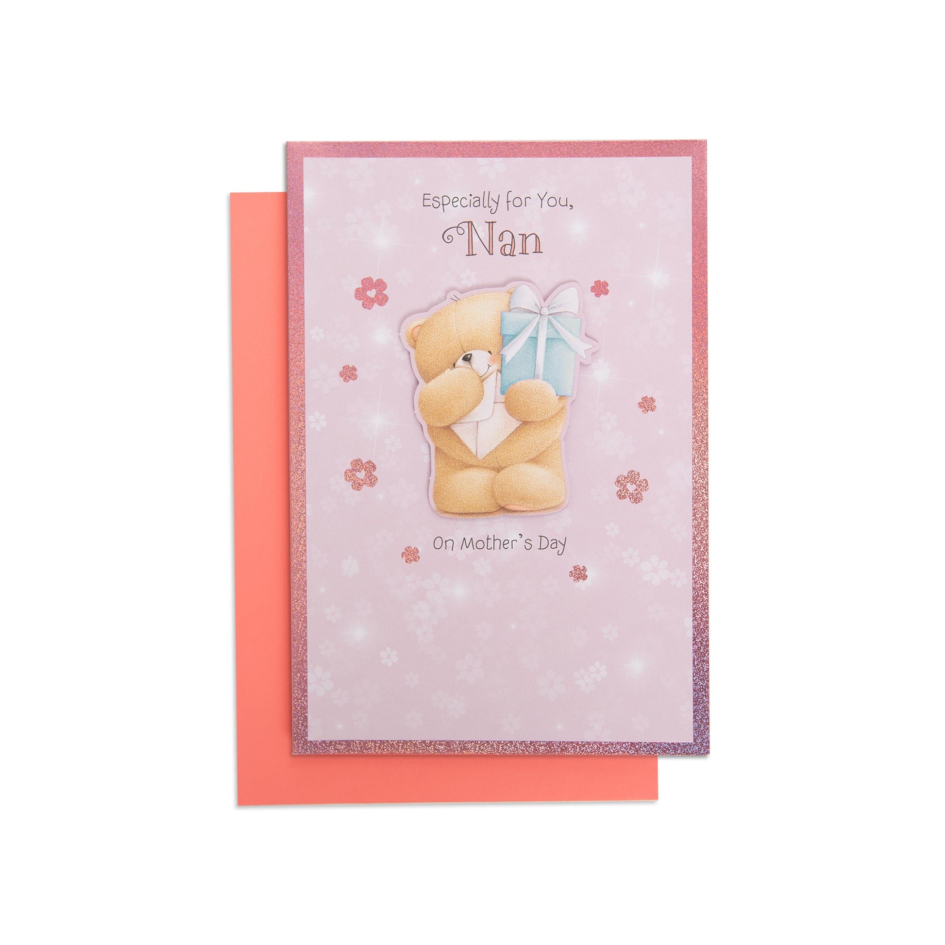 Mother's Day card for Nan - Forever Friends Bear with holographic highlights and a 3D plaque, featuring a cute bear illustration.