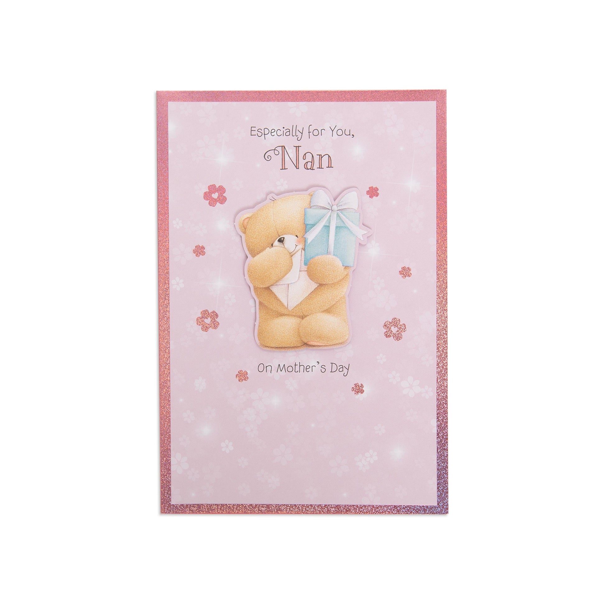 Mother's Day card for Nan - Forever Friends Bear featuring a bear with a gift, holographic pink highlights and floral accents.