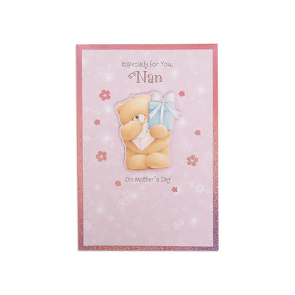 Mother's Day card for Nan - Forever Friends Bear featuring a bear with a gift, holographic pink highlights and floral accents.