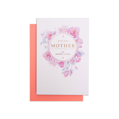 Mother's Day card - Watercolour flowers with pink envelope featuring floral design and gold foil lettering, flat lay view.
