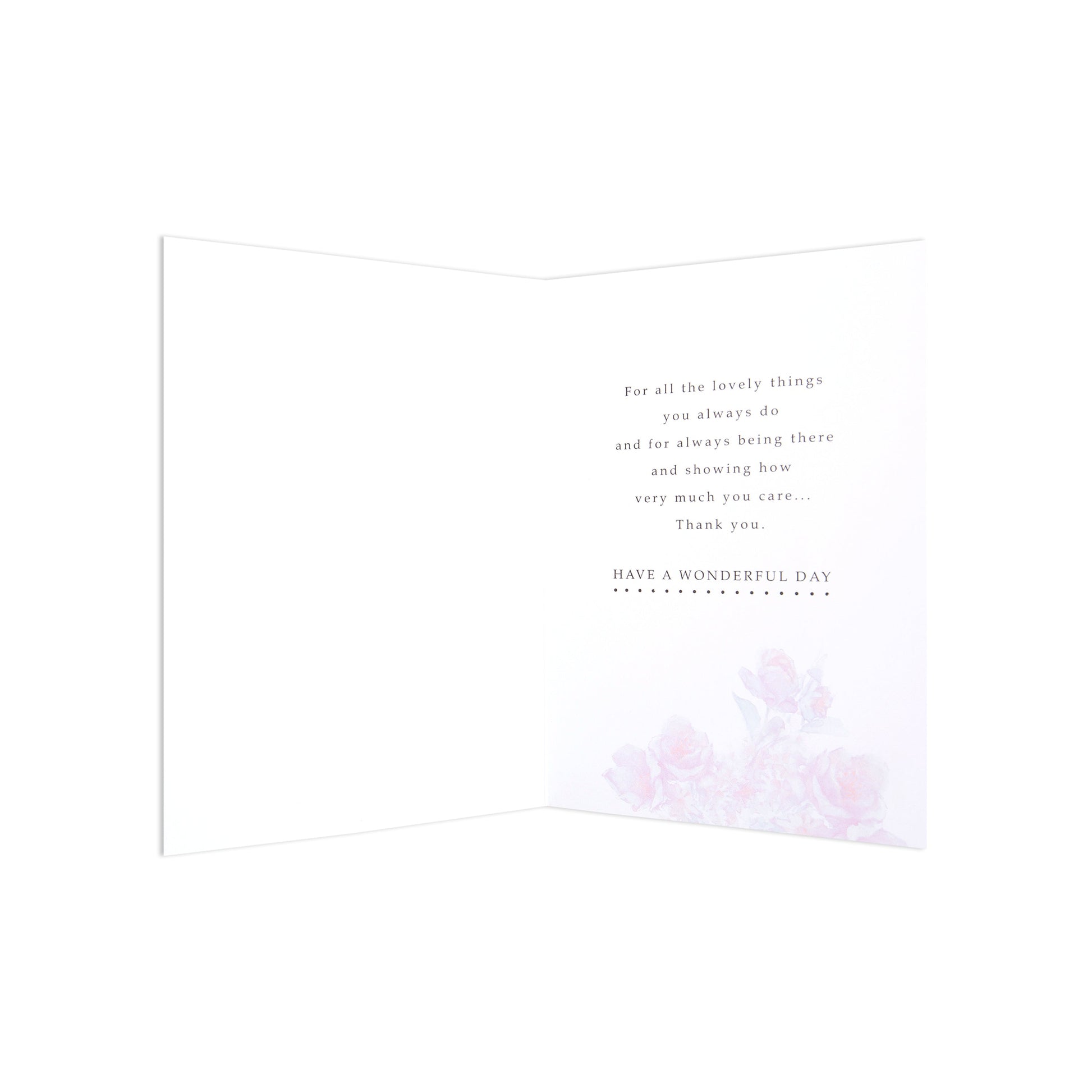 Mother's Day card - watercolour flowers, inside view, featuring soft pink rose illustration and heartfelt message.
