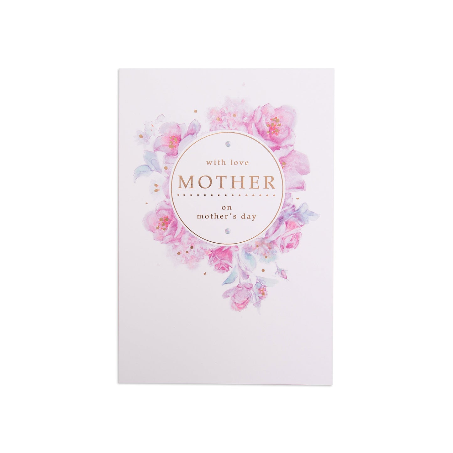 Mother's Day card - watercolour flowers, featuring pink floral illustration and gold foil text on a white background.