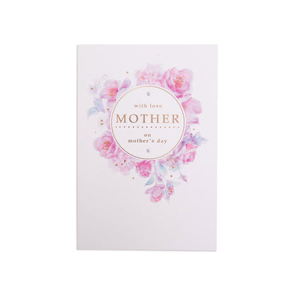Mother's Day card - watercolour flowers, featuring pink floral illustration and gold foil text on a white background.