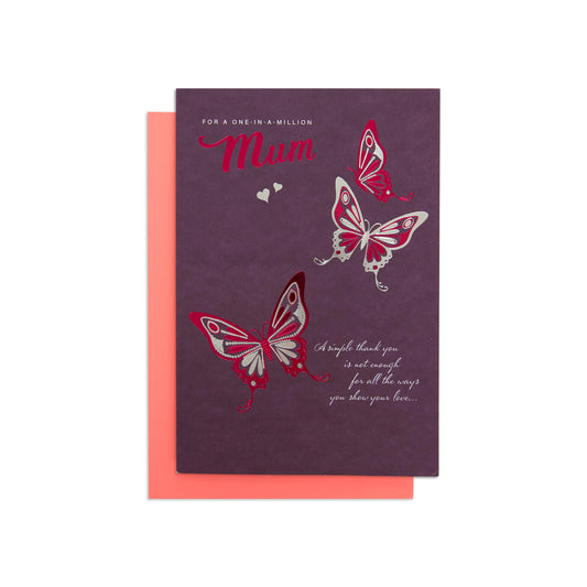 Mother's Day card - One In A Million, purple with butterfly illustrations, featuring metallic highlights and a coral envelope.