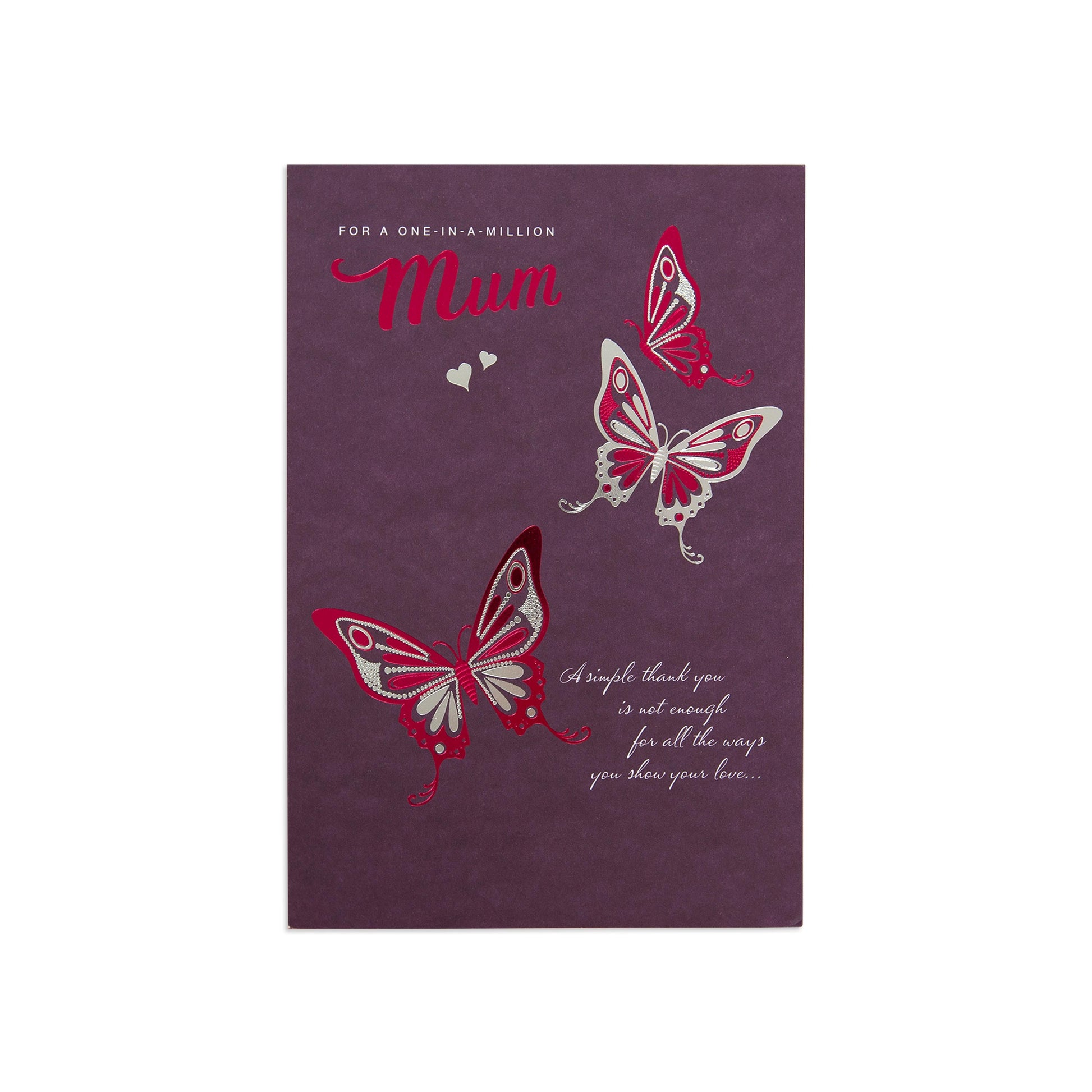 Mother's Day Card - One In A Million, purple with butterflies and metallic highlights, front view featuring elegant text and illustrations.