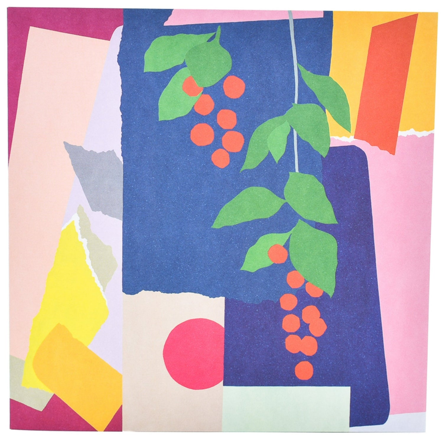Grapes by Leah Bartholomew Blank Card showcasing a vibrant collage of coloured shapes and grape vines on textured paper.