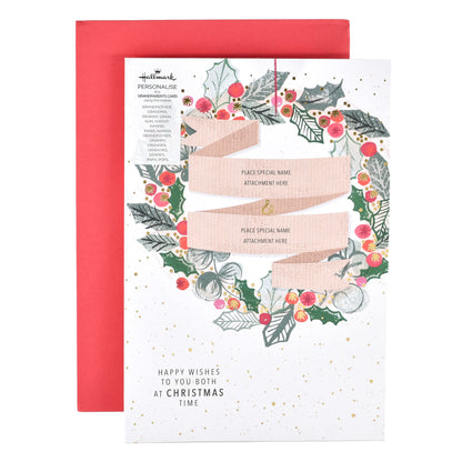 Hallmark personalised Christmas card for grandparents - wreath, featuring a vibrant wreath design, 16 name tags, and a red envelope.