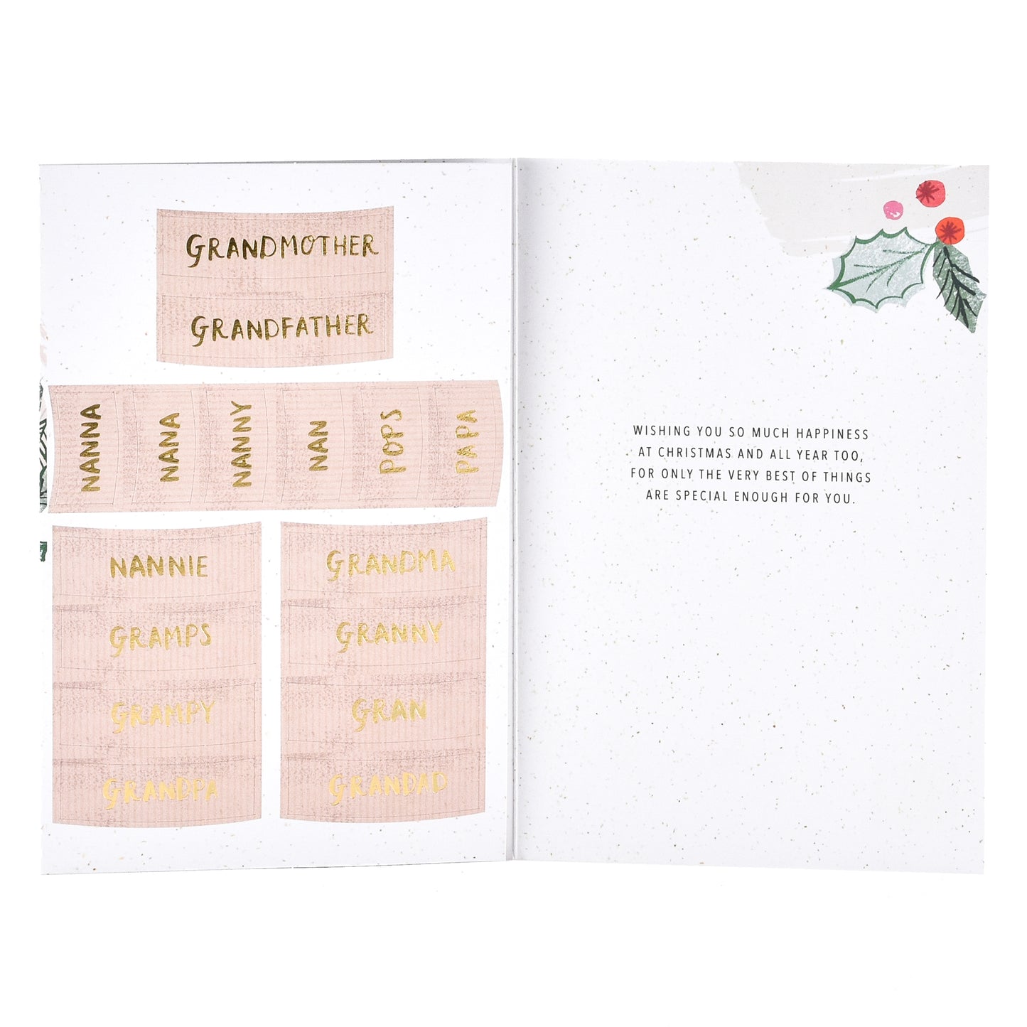 Hallmark Personalised Christmas Card For Grandparents - Wreath, interior view showing name tags and heartfelt message.