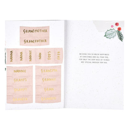 Hallmark Personalised Christmas Card For Grandparents - Wreath, interior view showing name tags and heartfelt message.