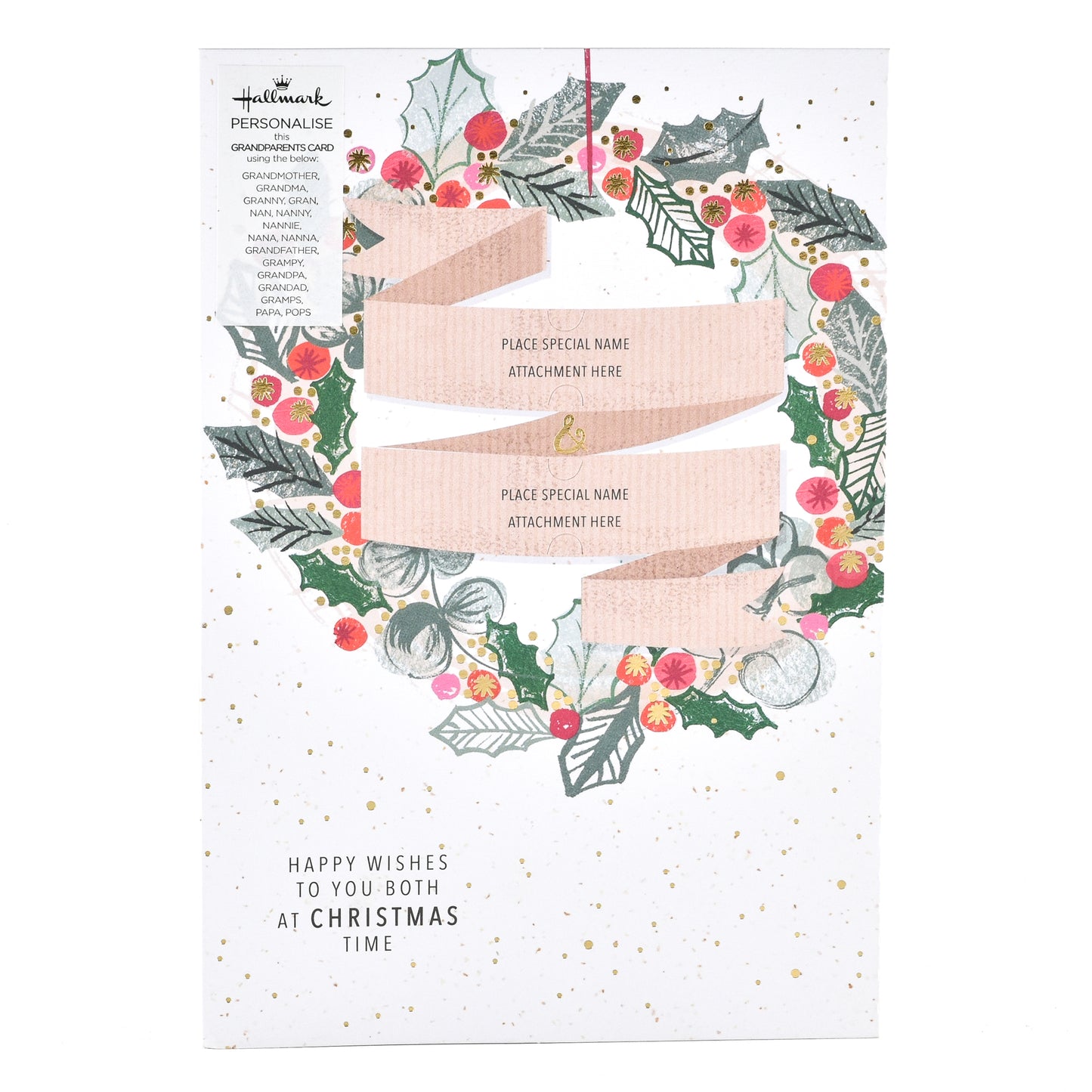 Hallmark Personalised Christmas Card For Grandparents - Wreath with an illustrated wreath and gold foil highlights, featuring name tags and festive message.