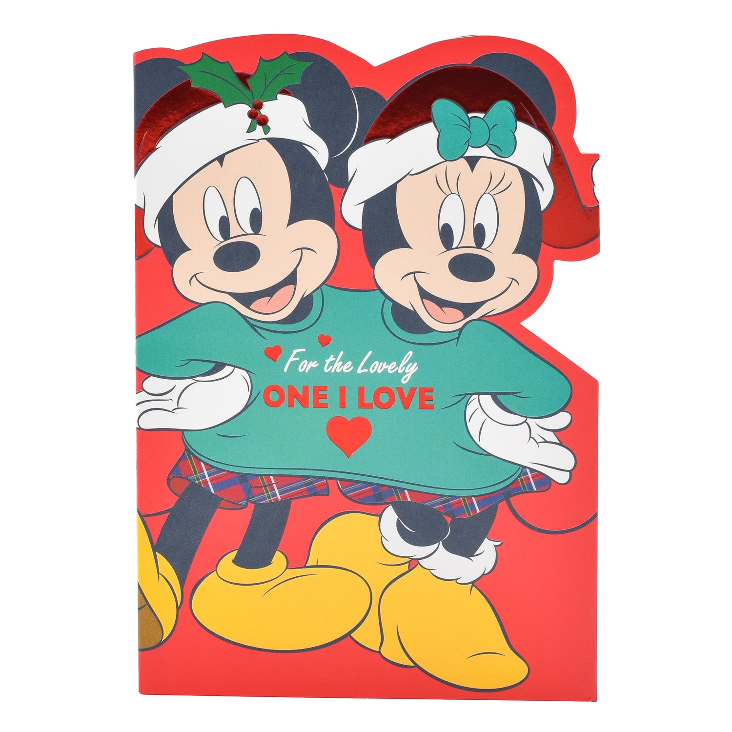 Hallmark Christmas card - Disney For The One I Love featuring Mickey and Minnie mouse in festive outfits with embossed details and red foil accents.