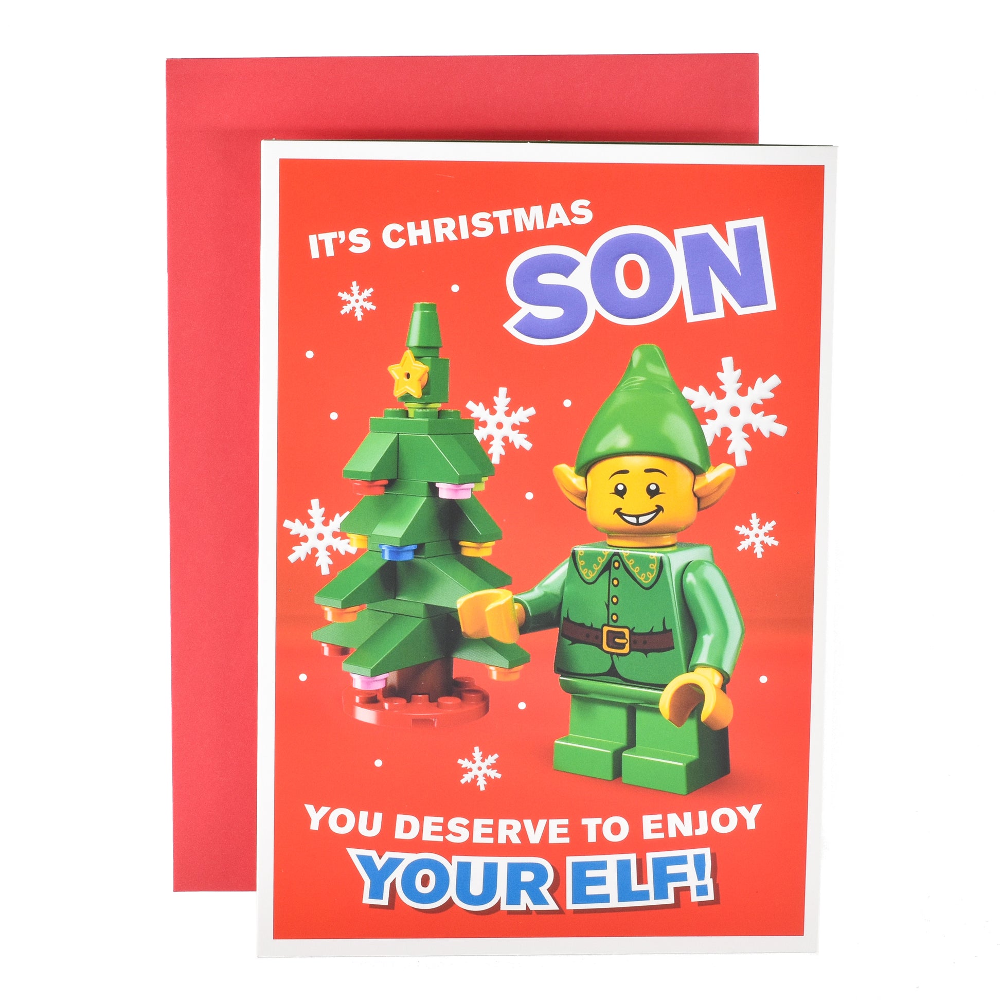 Hallmark Christmas Card For Son - Lego with red envelope, featuring a Lego elf and Christmas tree illustration on a bright red background.