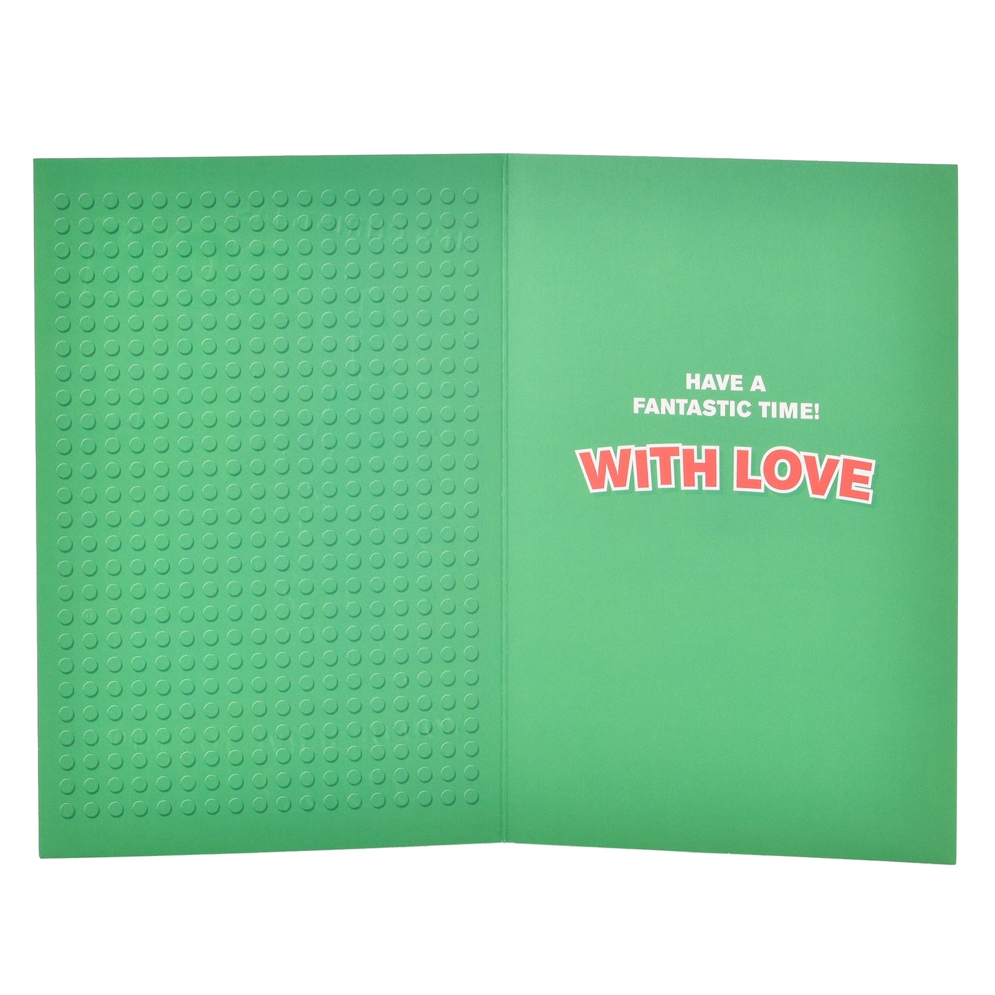 Hallmark Christmas Card For Son - Lego, inside view featuring green Lego block design with printed message.