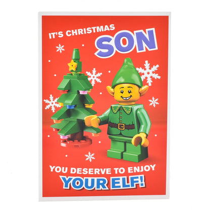 Hallmark Christmas Card For Son - Lego featuring a cheerful Lego elf with a Christmas tree on a red background.