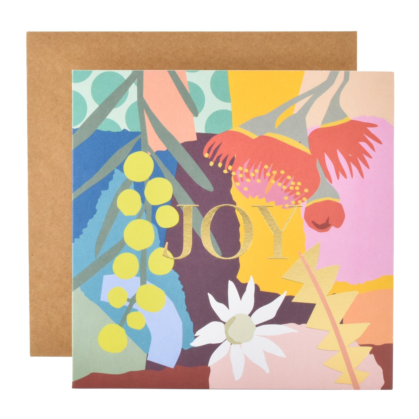 Hallmark Christmas Card - Floral Native Joy by Leah Bartholomew, featuring gold foil 'JOY' and vibrant floral illustration, closed view.