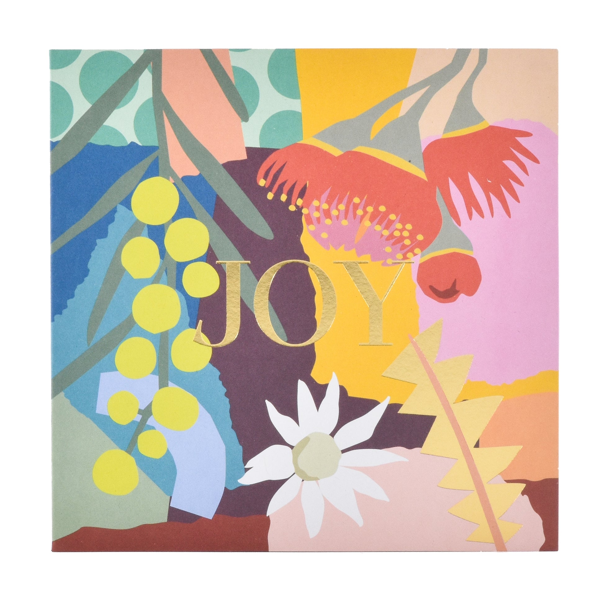 Hallmark Christmas Card - Floral Native Joy by Leah Bartholomew featuring bold floral illustration and gold foil detail.