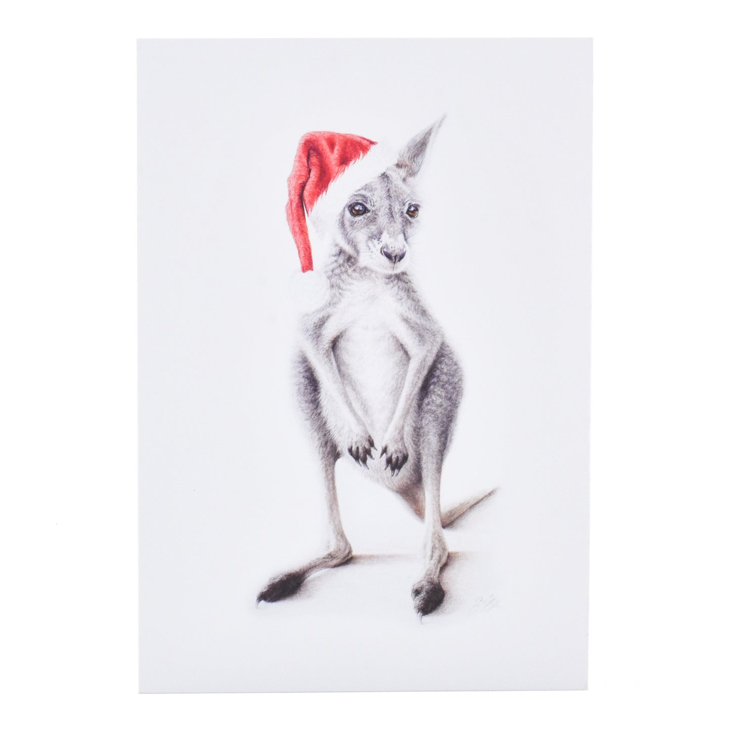 Hallmark Christmas Card - Festive Kangaroo by Sharryn O'Brien featuring a kangaroo in a Santa hat, illustrated with fine detail.