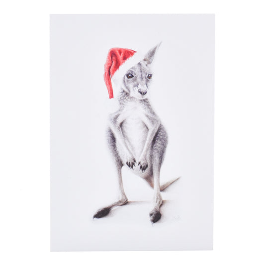 Hallmark Christmas Card - Festive Kangaroo by Sharryn O'Brien featuring a kangaroo in a Santa hat, illustrated with fine detail.