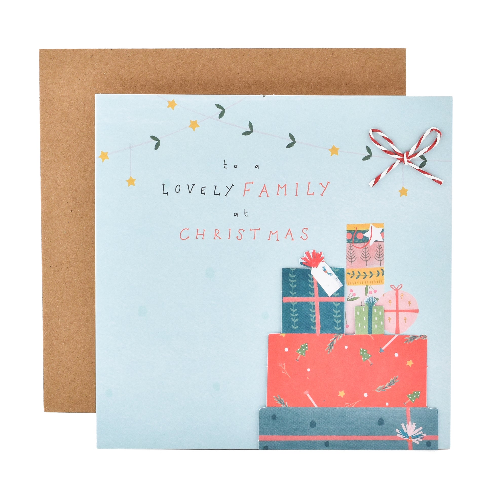 Hallmark Christmas Card To A Lovely Family - Happy Moments with 3D bow, colourful gifts, and festive lights design.