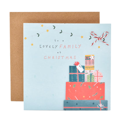 Hallmark Christmas Card To A Lovely Family - Happy Moments with 3D bow, colourful gifts, and festive lights design.