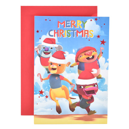 Hallmark Christmas Card - Kangaroo Beach features Pounce, Gemma, Frizzy, and Neville with a festive design and bright colours.