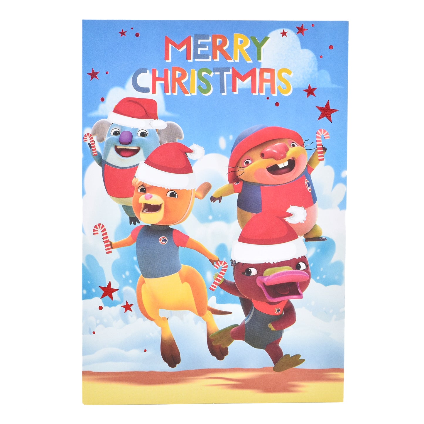 Hallmark Christmas Card - Kangaroo Beach featuring Pounce, Gemma, Frizzy and Neville celebrating with a festive design and candy canes.