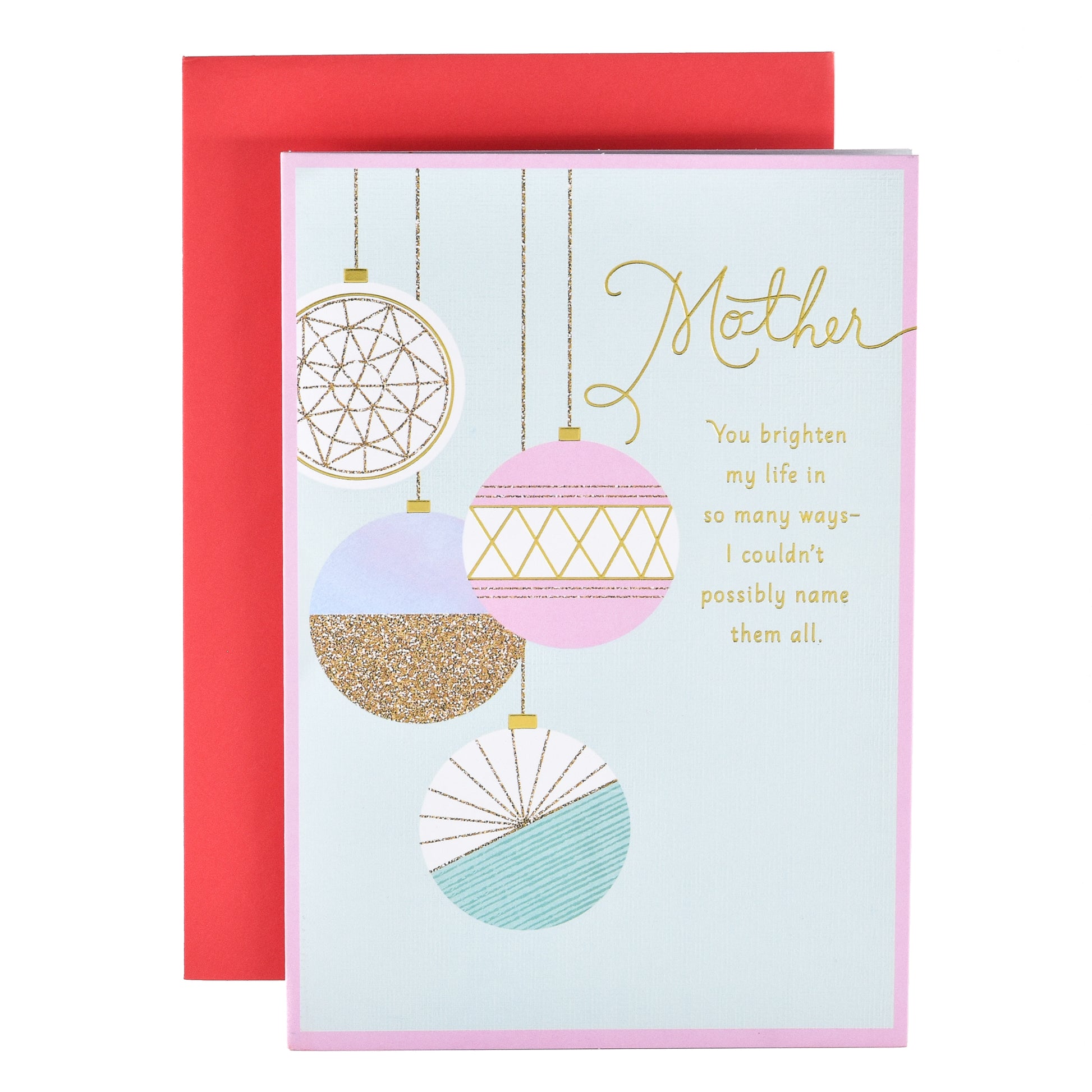 Hallmark Christmas card for Mother - Baubles featuring elegant bauble illustrations and gold foil highlights, flat lay with red envelope.