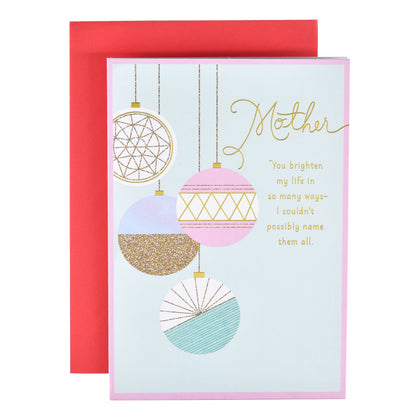 Hallmark Christmas card for Mother - Baubles featuring elegant bauble illustrations and gold foil highlights, flat lay with red envelope.